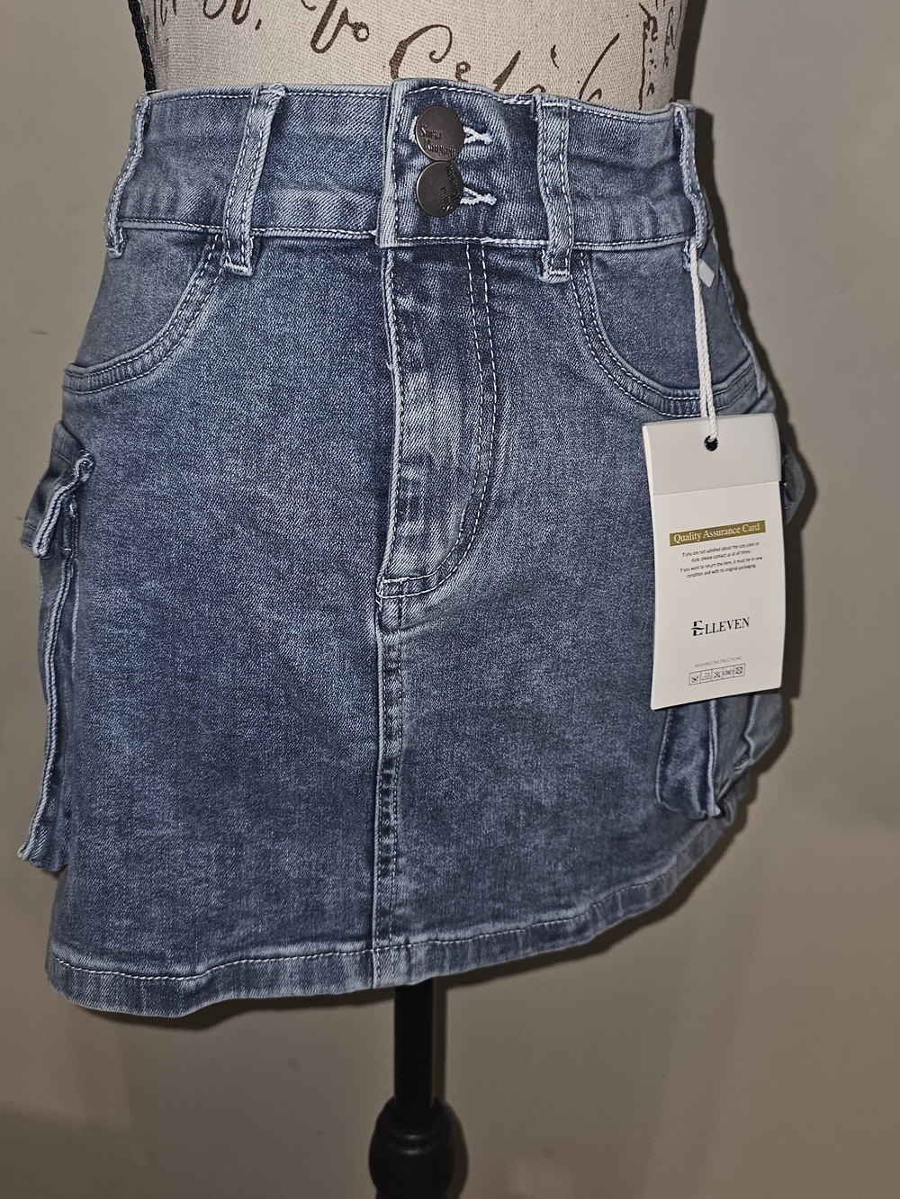 ELLEVEN Washed Blue Denim Mini Skirt with Cargo Pockets